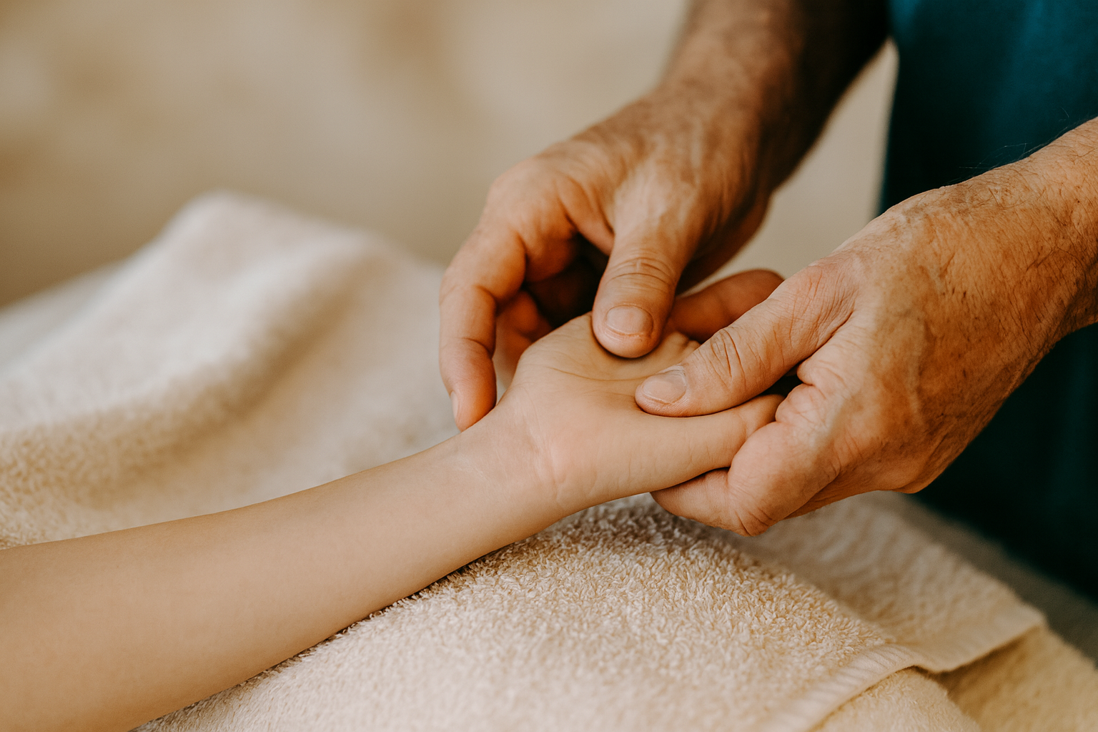 Ein älterer Mensch massiert sanft die Hand einer anderen Person, die auf einem weichen Handtuch ruht. Die Szene wirkt warm und beruhigend, mit Fokus auf die fürsorgliche Berührung.