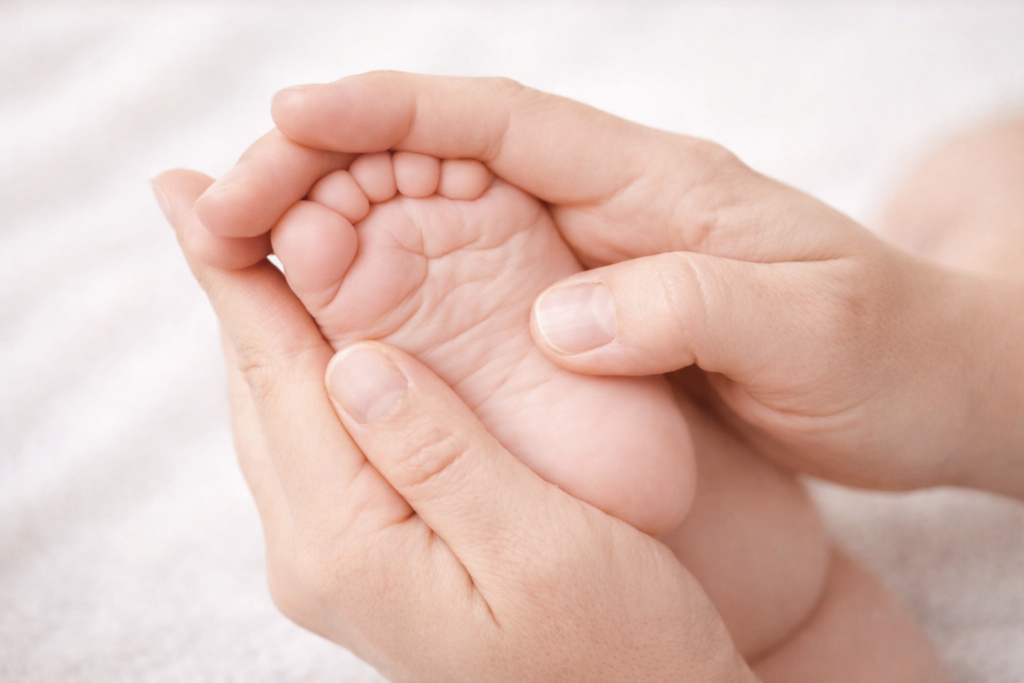 baby_massage Nahaufnahme eines Babyfußes, der sanft von zwei erwachsenen Händen gehalten wird, vor hellem, weich verschwommenem Hintergrund.
