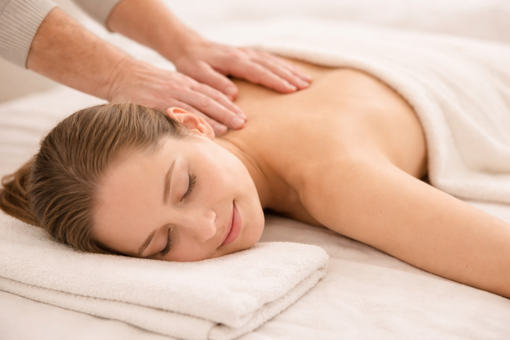 Klassische TouchLife Massage Frau entspannt bei einer klassischen TouchLife Massage auf einer Liege, während sanfte Hände den Rücken massieren, in heller ruhiger Atmosphäre